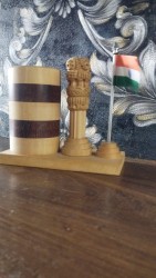 Ashoka Pillar Tabletop Pen Holder crafted in white wood with India Flag